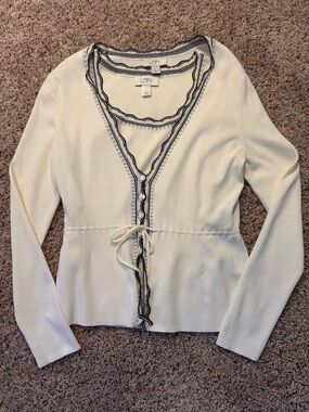 LOFT Ivory Twin Sweater Set with Delicate Black Trim & Tie and Button Front